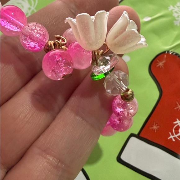 Buy One get the Second for $5 ~ Pink Beaded Bracelet with Floral Charm - Picture 2 of 4